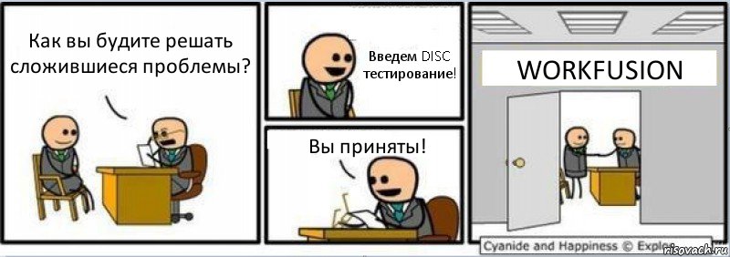 Как вы будите решать сложившиеся проблемы? Введем DISC тестирование! Вы приняты! WORKFUSION, Комикс Собеседование на работу