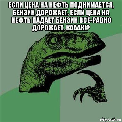 если цена на нефть поднимается, бензин дорожает, если цена на нефть падает бензин все-равно дорожает. кааак!? , Мем Филосораптор