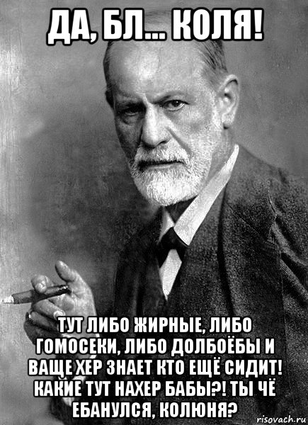 да, бл... коля! тут либо жирные, либо гомосеки, либо долбоёбы и ваще хер знает кто ещё сидит! какие тут нахер бабы?! ты чё ебанулся, колюня?, Мем  Фрейд