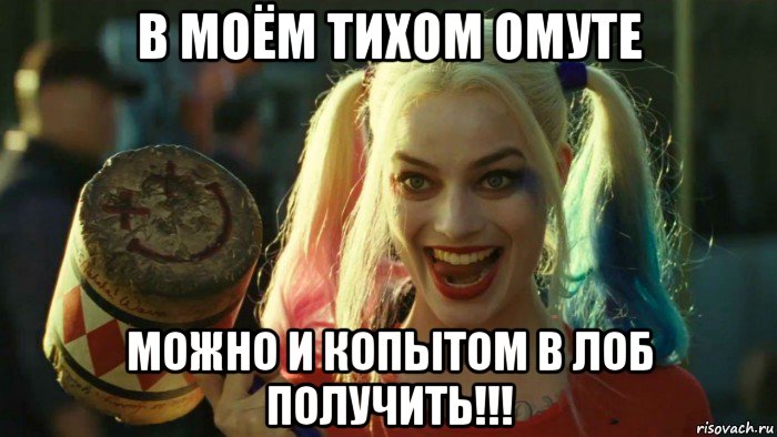 в моём тихом омуте можно и копытом в лоб получить!!!, Мем    Harley quinn