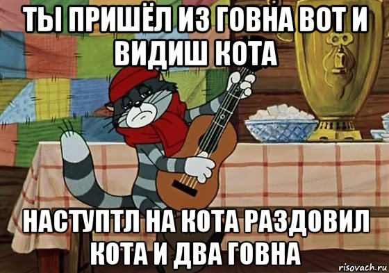 ты пришёл из говна вот и видиш кота наступтл на кота раздовил кота и два говна, Мем Грустный Матроскин с гитарой