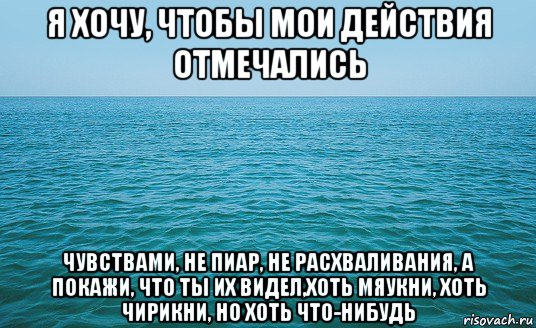 я хочу, чтобы мои действия отмечались чувствами, не пиар, не расхваливания, а покажи, что ты их видел,хоть мяукни, хоть чирикни, но хоть что-нибудь, Мем Море