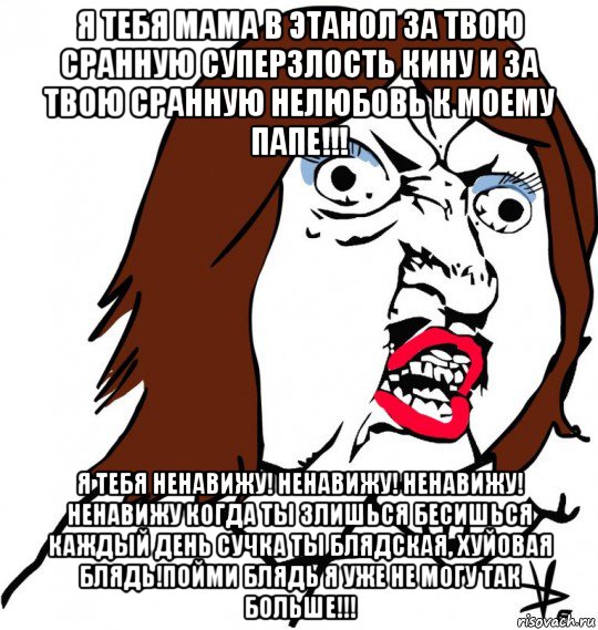 я тебя мама в этанол за твою сранную суперзлость кину и за твою сранную нелюбовь к моему папе!!! я тебя ненавижу! ненавижу! ненавижу! ненавижу когда ты злишься бесишься каждый день сучка ты блядская, хуйовая блядь!пойми блядь я уже не могу так больше!!!, Мем Ну почему (девушка)