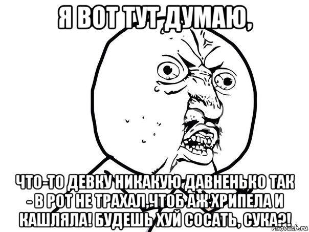 я вот тут думаю, что-то девку никакую давненько так - в рот не трахал,чтоб аж хрипела и кашляла! будешь хуй сосать, сука?!, Мем Ну почему (белый фон)