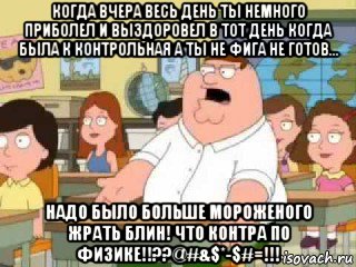 когда вчера весь день ты немного приболел и выздоровел в тот день когда была к контрольная а ты не фига не готов... надо было больше мороженого жрать блин! что контра по физике!!??@#&$*-$#=!!!