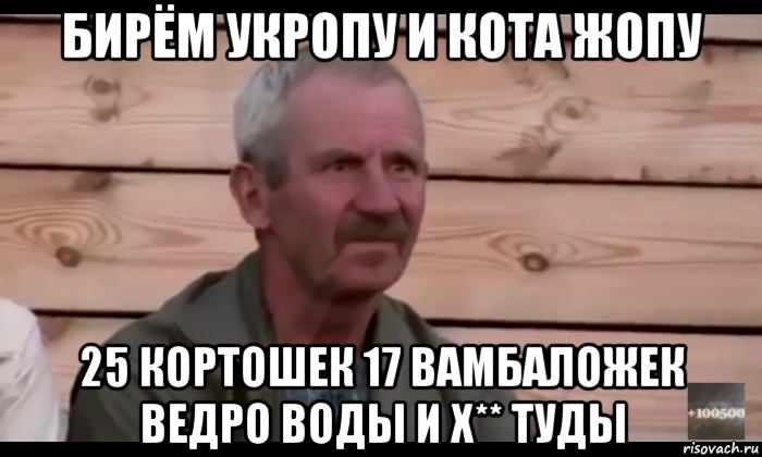 бирём укропу и кота жопу 25 кортошек 17 вамбаложек ведро воды и х** туды, Мем  Охуевающий дед