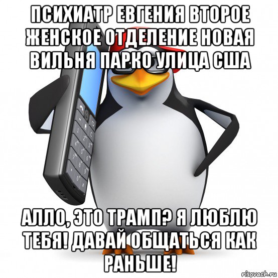 психиатр евгения второе женское отделение новая вильня парко улица сша алло, это трамп? я люблю тебя! давай общаться как раньше!, Мем   Пингвин звонит