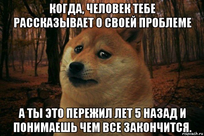 когда, человек тебе рассказывает о своей проблеме а ты это пережил лет 5 назад и понимаешь чем все закончится., Мем SAD DOGE