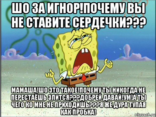 шо за игнор!почему вы не ставите сердечки??? мамаша!шо это такое!почему ты никогда не перестаёшь злится???добрей давай!ум!а ты чего ко мне не приходишь???я же дура тупая как пробка!, Мем Спанч Боб плачет