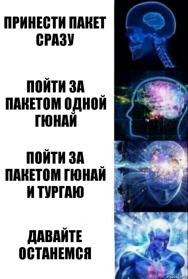 Принести пакет сразу Пойти за пакетом одной Гюнай Пойти за пакетом Гюнай и Тургаю Давайте останемся, Комикс  Сверхразум