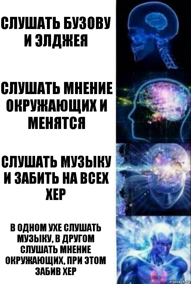 Слушать Бузову и Элджея Слушать мнение окружающих и менятся Слушать музыку и забить на всех хер В одном ухе слушать музыку, в другом слушать мнение окружающих, при этом забив хер, Комикс  Сверхразум