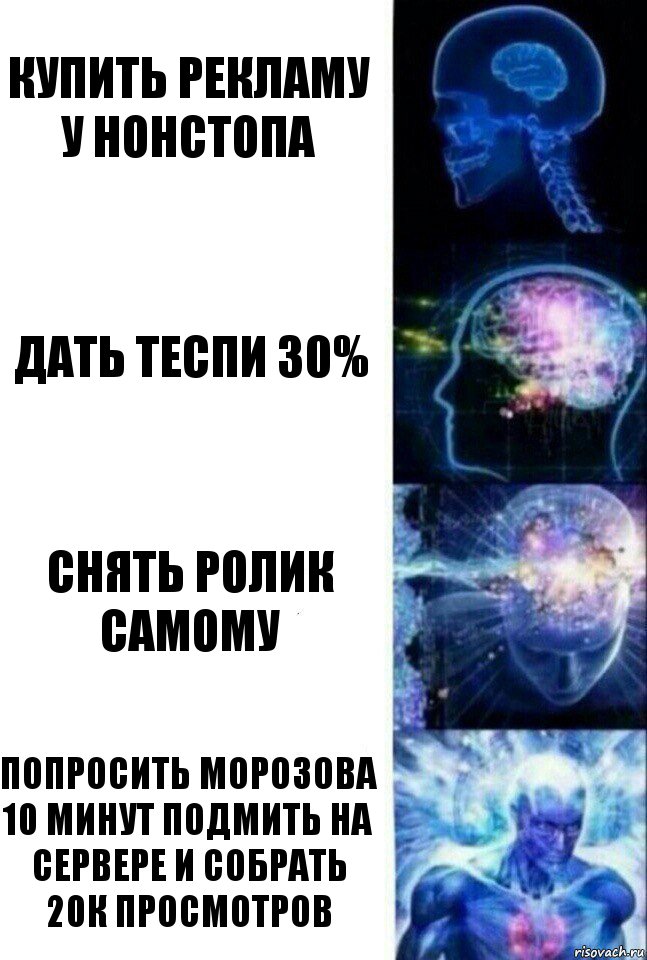 Купить рекламу у Нонстопа Дать Теспи 30% Снять ролик самому Попросить Морозова 10 минут подмить на сервере и собрать 20к просмотров, Комикс  Сверхразум