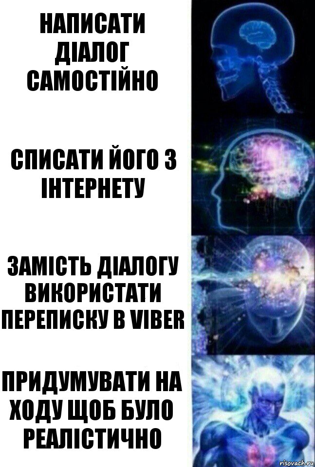 Написати діалог самостійно Списати його з Інтернету Замість діалогу використати переписку в Viber Придумувати на ходу щоб було реалістично, Комикс  Сверхразум