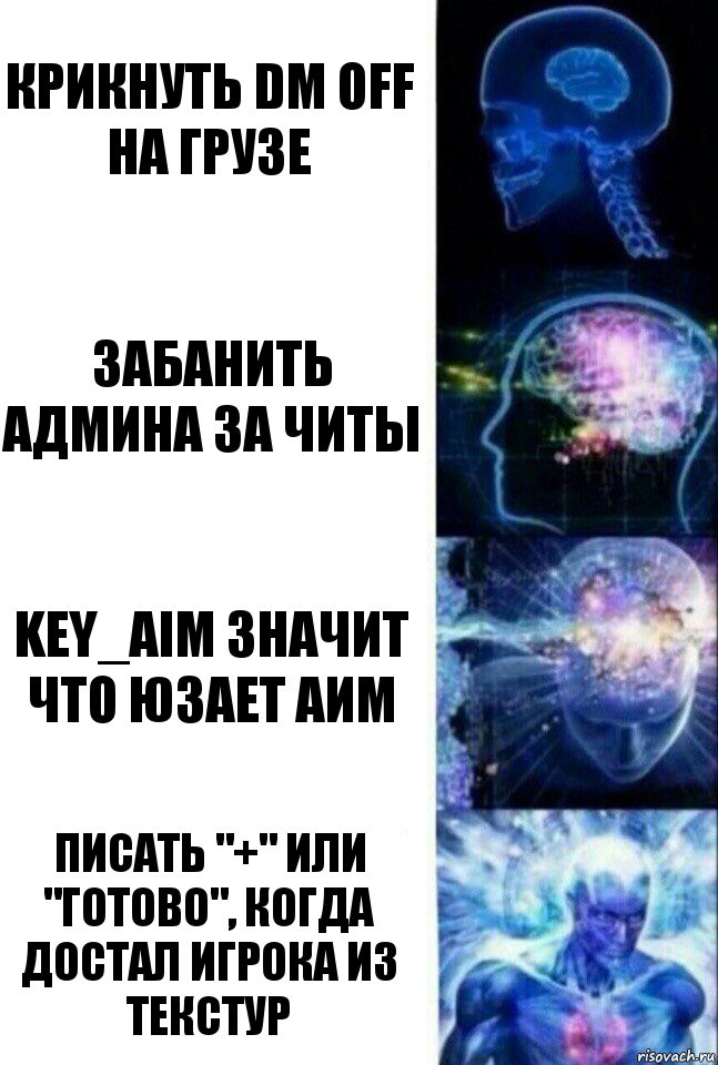 Крикнуть DM OFF на грузе Забанить админа за читы KEY_AIM значит что юзает аим Писать "+" или "Готово", когда достал игрока из текстур, Комикс  Сверхразум