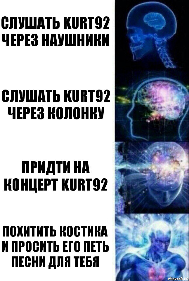 Слушать KURT92 через наушники Слушать KURT92 через Колонку Придти на концерт KURT92 Похитить Костика и просить его петь песни для тебя, Комикс  Сверхразум