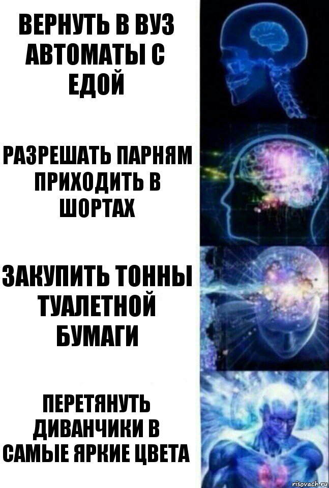 Вернуть в вуз автоматы с едой Разрешать парням приходить в шортах Закупить тонны туалетной бумаги Перетянуть диванчики в самые яркие цвета, Комикс  Сверхразум