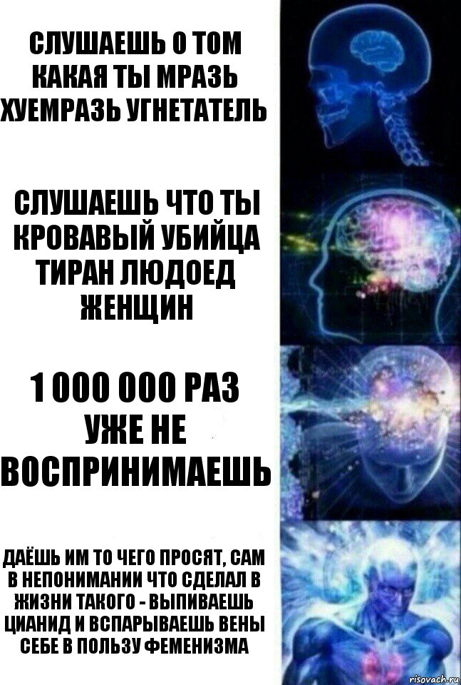 СЛУШАЕШЬ О ТОМ КАКАЯ ТЫ МРАЗЬ ХУЕМРАЗЬ УГНЕТАТЕЛЬ СЛУШАЕШЬ ЧТО ТЫ КРОВАВЫЙ УБИЙЦА ТИРАН ЛЮДОЕД ЖЕНЩИН 1 000 000 РАЗ УЖЕ НЕ ВОСПРИНИМАЕШЬ ДАЁШЬ ИМ ТО ЧЕГО ПРОСЯТ, САМ В НЕПОНИМАНИИ ЧТО СДЕЛАЛ В ЖИЗНИ ТАКОГО - ВЫПИВАЕШЬ ЦИАНИД И ВСПАРЫВАЕШЬ ВЕНЫ СЕБЕ В ПОЛЬЗУ ФЕМЕНИЗМА, Комикс  Сверхразум