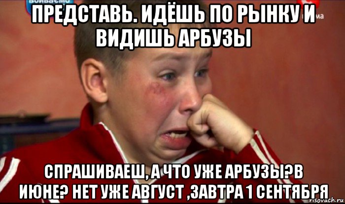 представь. идёшь по рынку и видишь арбузы спрашиваеш, а что уже арбузы?в июне? нет уже август ,завтра 1 сентября, Мем  Сашок Фокин