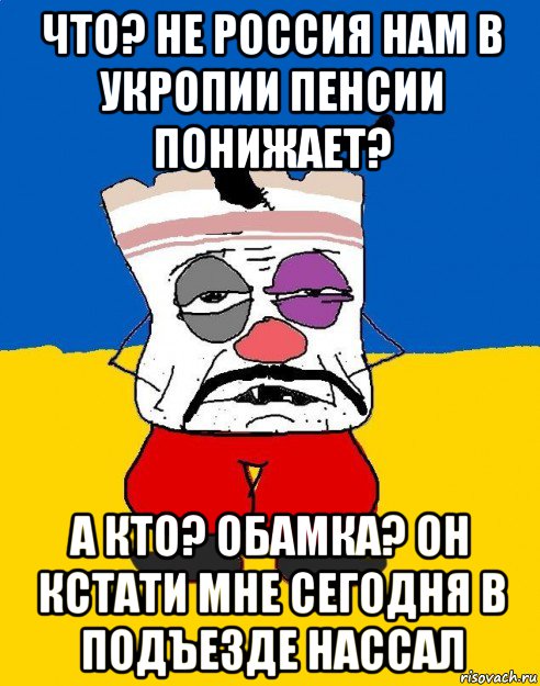 что? не россия нам в укропии пенсии понижает? а кто? обамка? он кстати мне сегодня в подъезде нассал, Мем Западенец - тухлое сало