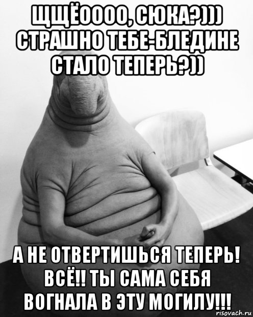 щщёоооо, сюка?))) страшно тебе-бледине стало теперь?)) а не отвертишься теперь! всё!! ты сама себя вогнала в эту могилу!!!, Мем  Ждун