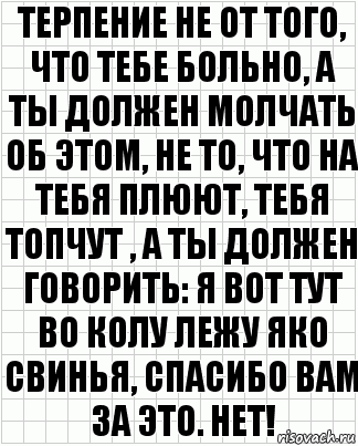 терпение не от того, что тебе больно, а ты должен молчать об этом, не то, что на тебя плюют, тебя топчут , а ты должен говорить: я вот тут во колу лежу яко свинья, спасибо вам за это. нет!, Комикс  бумага