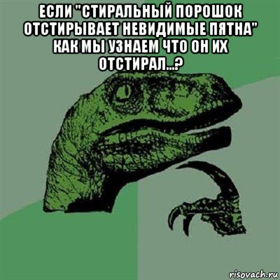 если "стиральный порошок отстирывает невидимые пятна" как мы узнаем что он их отстирал...? , Мем Филосораптор