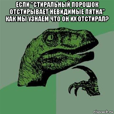 если "стиральный порошок отстирывает невидимые пятна" как мы узнаем что он их отстирал? , Мем Филосораптор