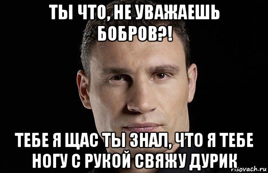 ты что, не уважаешь бобров?! тебе я щас ты знал, что я тебе ногу с рукой свяжу дурик, Мем Кличко