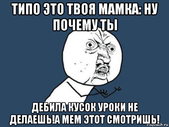 типо это твоя мамка: ну почему ты дебила кусок уроки не делаешь!а мем этот смотришь!, Мем Ну почему