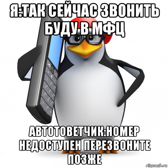 я:так сейчас звонить буду в мфц автотоветчик:номер недоступен перезвоните позже, Мем   Пингвин звонит