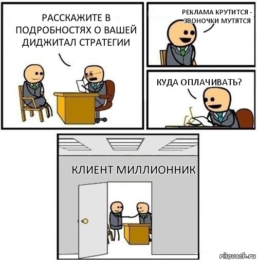 Расскажите в подробностях о вашей диджитал стратегии Реклама крутится - звоночки мутятся Куда оплачивать? Клиент миллионник, Комикс  Приняты