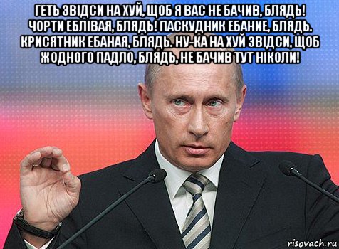 геть звідси на хуй, щоб я вас не бачив, блядь! чорти еблівая, блядь! паскудник ебание, блядь. крисятник ебаная, блядь. ну-ка на хуй звідси, щоб жодного падло, блядь, не бачив тут ніколи! , Мем путин