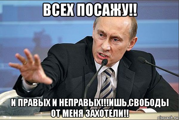 всех посажу!! и правых и неправых!!!ишь,свободы от меня захотели!!, Мем Путин