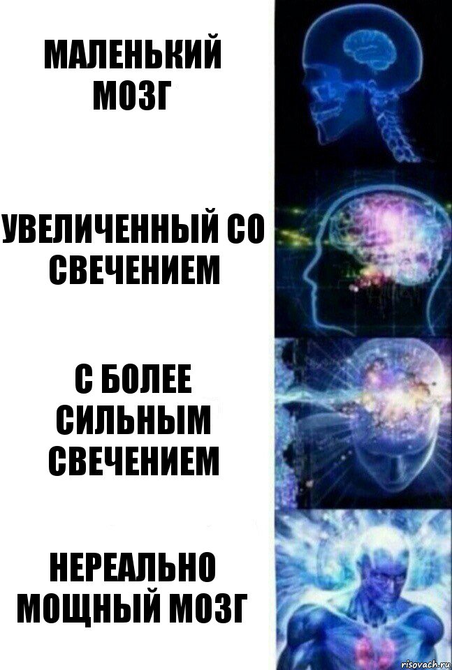 Маленький мозг Увеличенный со свечением С более сильным свечением Нереально мощный мозг, Комикс  Сверхразум