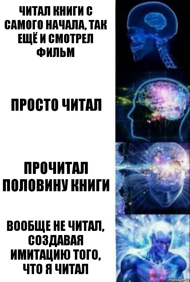 Читал книги с самого начала, так ещё и смотрел фильм Просто читал Прочитал половину книги Вообще не читал, создавая имитацию того, что я читал, Комикс  Сверхразум
