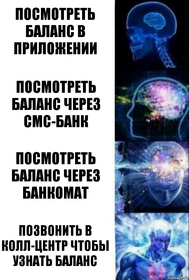 Посмотреть баланс в приложении Посмотреть баланс через смс-банк Посмотреть баланс через банкомат ПОЗВОНИТЬ В КОЛЛ-ЦЕНТР ЧТОБЫ УЗНАТЬ БАЛАНС, Комикс  Сверхразум