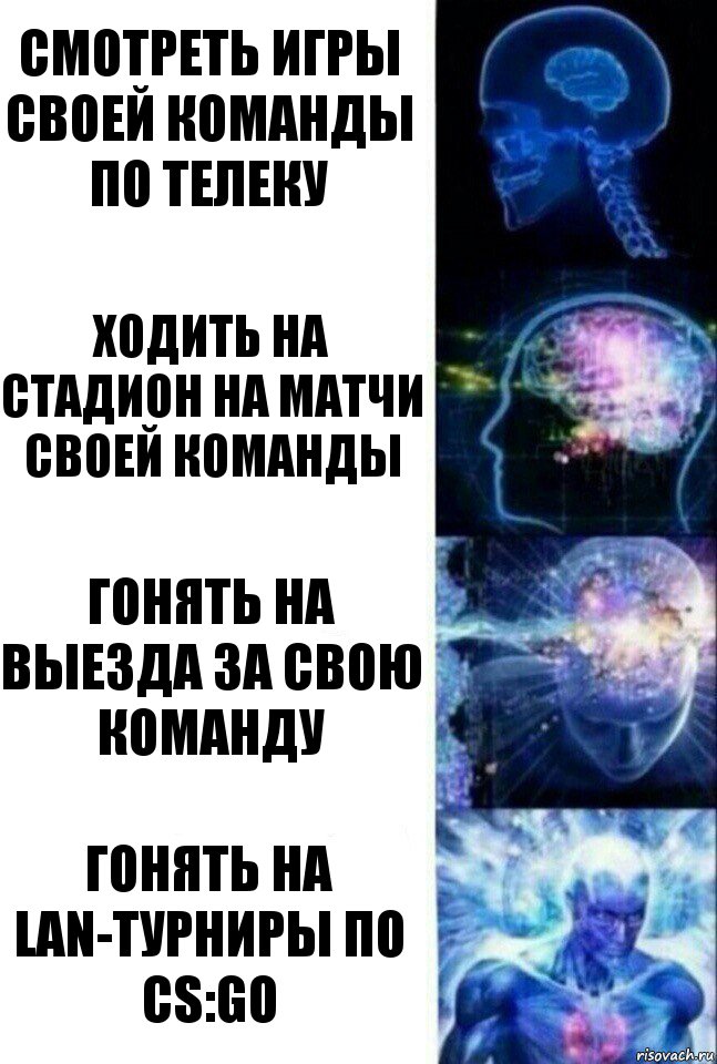 Смотреть игры своей команды по телеку Ходить на стадион на матчи своей команды Гонять на выезда за свою команду Гонять на LAN-турниры по CS:GO, Комикс  Сверхразум