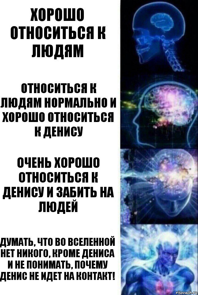 Хорошо относиться к людям Относиться к людям нормально и хорошо относиться к Денису Очень хорошо относиться к Денису и забить на людей Думать, что во вселенной нет никого, кроме Дениса и не понимать, почему Денис не идет на контакт!, Комикс  Сверхразум