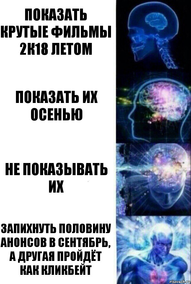 Показать Крутые Фильмы 2к18 летом Показать их осенью Не показывать их Запихнуть половину анонсов в сентябрь, а другая пройдёт как кликбейт, Комикс  Сверхразум