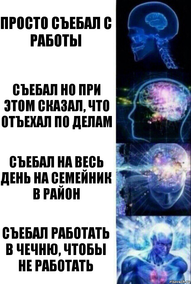 Просто съебал с работы Съебал но при этом сказал, что отъехал по делам Съебал на весь день на семейник в район Съебал работать в Чечню, чтобы не работать, Комикс  Сверхразум