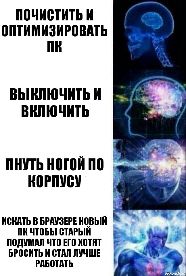 Почистить и оптимизировать ПК Выключить и включить Пнуть ногой по корпусу Искать в браузере новый пк чтобы старый подумал что его хотят бросить и стал лучше работать, Комикс  Сверхразум