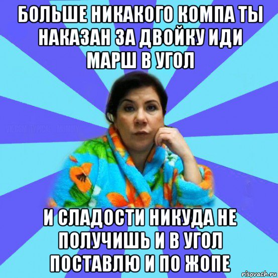 больше никакого компа ты наказан за двойку иди марш в угол и сладости никуда не получишь и в угол поставлю и по жопе, Мем типичная мама