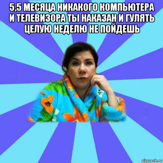 5,5 месяца никакого компьютера и телевизора ты наказан и гулять целую неделю не пойдешь , Мем типичная мама