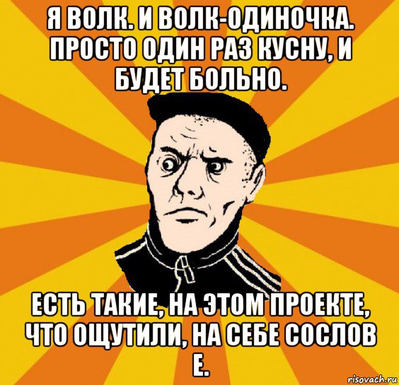 я волк. и волк-одиночка. просто один раз кусну, и будет больно. есть такие, на этом проекте, что ощутили, на себе сослов е.