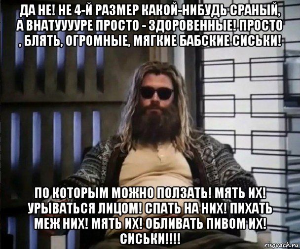 да не! не 4-й размер какой-нибудь сраный, а внатууууре просто - здоровенные! просто , блять, огромные, мягкие бабские сиськи! по которым можно ползать! мять их! урываться лицом! спать на них! пихать меж них! мять их! обливать пивом их! сиськи!!!!, Мем Толстый Тор