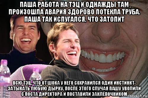 паша работа на тэц и однажды там произошла авария здорово потекла труба. паша так испугался, что затопит всю тэц, что от шока у него сохранился один инстинкт- затыкать любую дырку, после этого случая пашу уволили с поста директора и поставили заклёпочником, Мем том круз