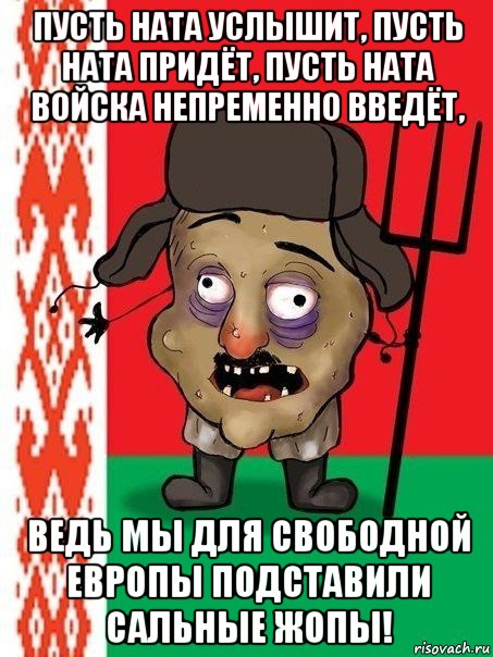 пусть ната услышит, пусть ната придёт, пусть ната войска непременно введёт, ведь мы для свободной европы подставили сальные жопы!