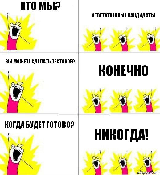 кто мы? ответственные кандидаты вы можете сделать тестовое? конечно когда будет готово? никогда!, Комикс Кто мы и чего мы хотим