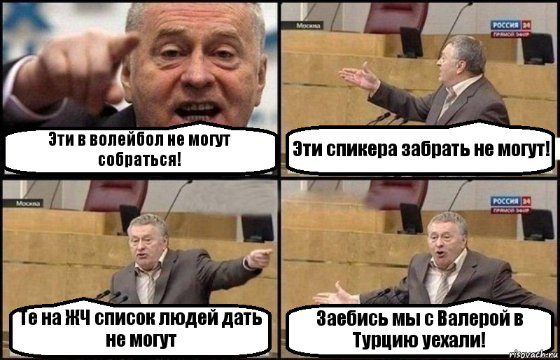 Эти в волейбол не могут собраться! Эти спикера забрать не могут! Те на ЖЧ список людей дать не могут Заебись мы с Валерой в Турцию уехали!, Комикс Жириновский