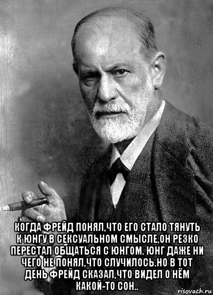  когда фрейд понял,что его стало тянуть к юнгу в сексуальном смысле,он резко перестал общаться с юнгом. юнг даже ни чего не понял,что случилось.но в тот день фрейд сказал,что видел о нём какой-то сон..